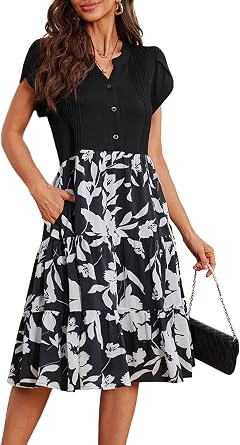 Fashionme Womens Summer Dresses Casual Petal Sleeve Floral Patchwork Knee Length V Neck Tiered Button Down with Pockets