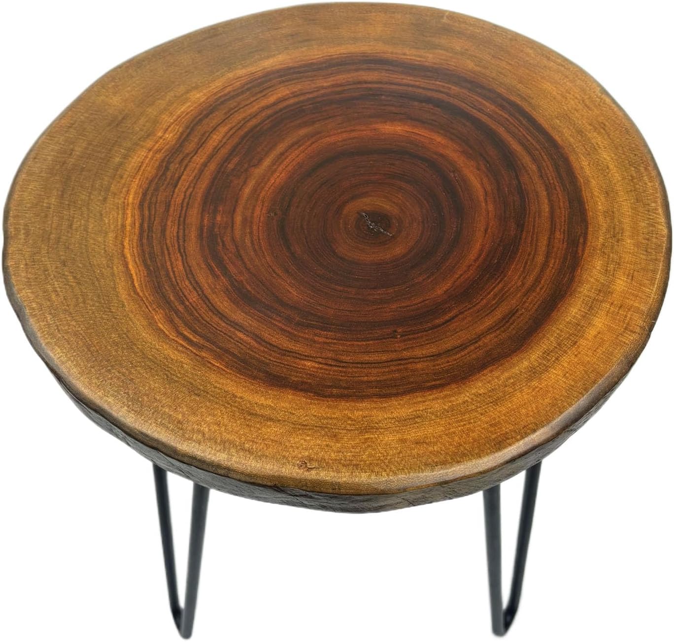 Live Edge Side Table, 13” Dia x 17”h Natural Edge Camphor Small Round Wood End Table for Living Room, Unique Desktop with Metal Hairpin Legs, Natural Wood Nightstand, Plant Stand