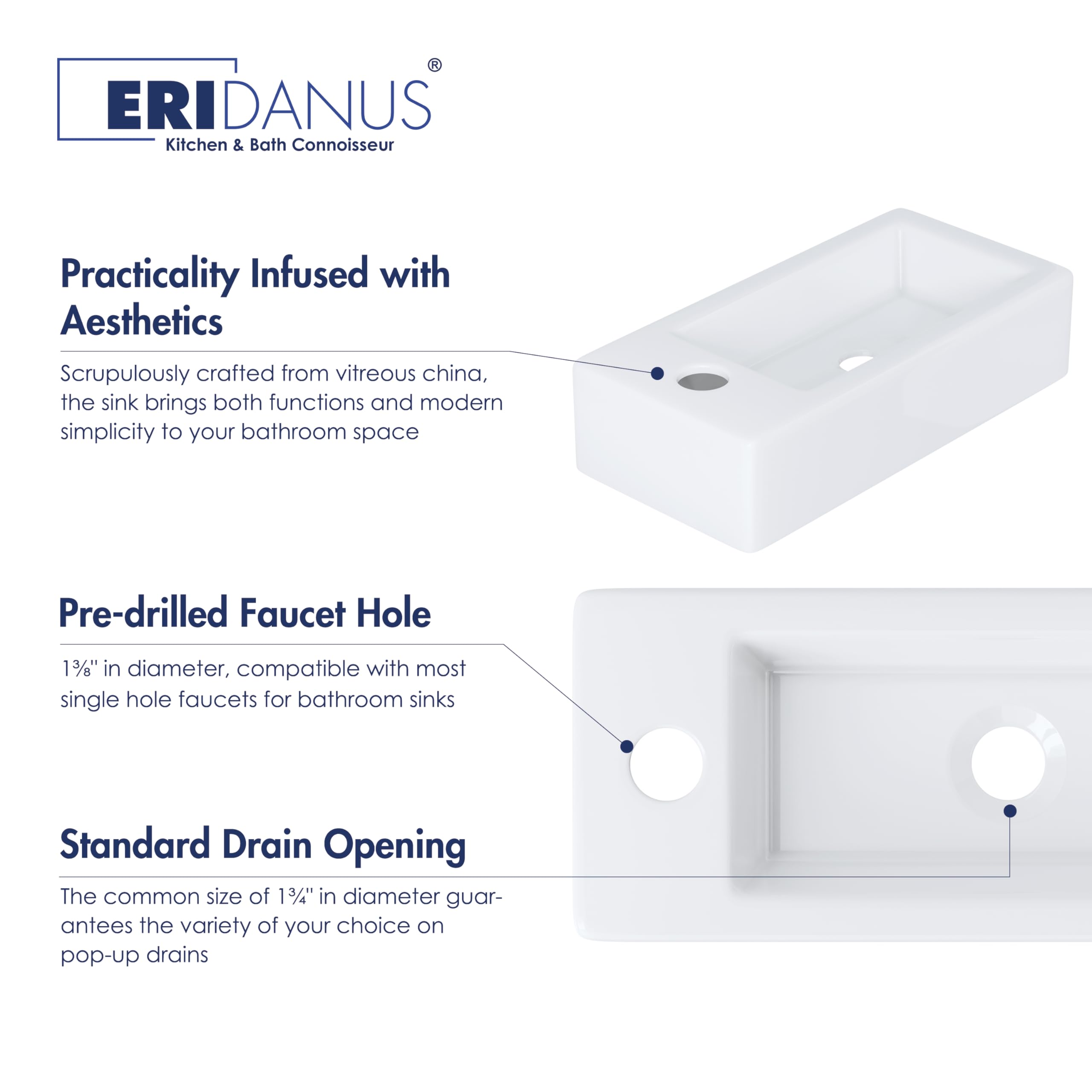 Eridanus Lavabo de baño, para colgar en la pared, ahorra espacio, rectangular de cerámica blanca, grifo izquierdo para lavabo, armario, inodoro, moderno lavabo pequeño (solo lavabo)