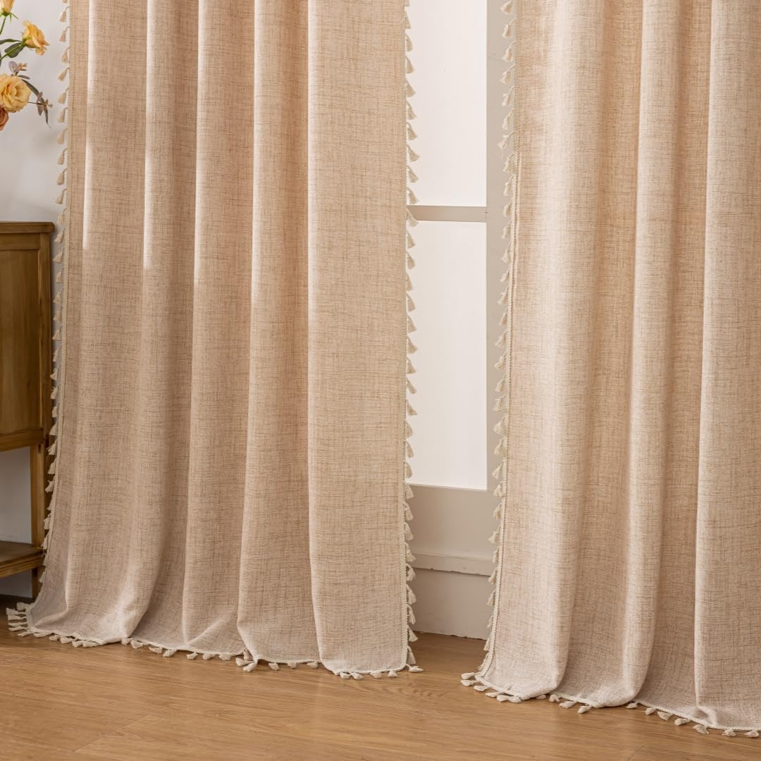 F-CHU Beige Curtains for Bedroom 63 Inches Light Filtering with Beige Tassels Bohemian Farnhouse French Country Drapes Kitchen Window Treatment, Semi Sheer Farmhouse Curtains Rod Pocket 52x63