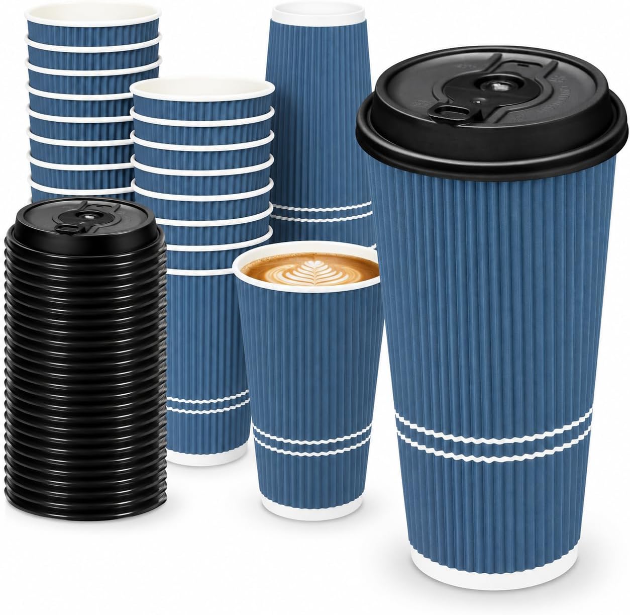 To Go Coffee Cups With Lids - 22 oz Disposable Coffee Cup With Lid. Large Togo Travel Paper Ripple Hot Cups Insulated For Hot, Cold Beverage Drinks, No Sleeves Needed (50, Royal Blue)