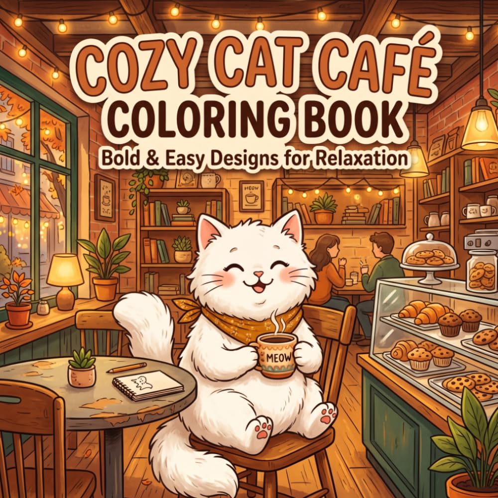 Cozy Cat Cafe: Bold & Easy Coloring book for Adults and Teens