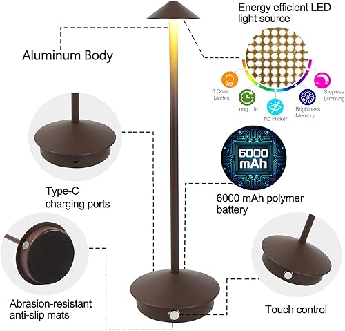 Miniatura 3 de Lámpara de mesa inalámbrica, lámpara de escritorio LED portátil de 6000 mAh, lámpara de mesa Mordern recargable en aluminio, luz de mesa regulable