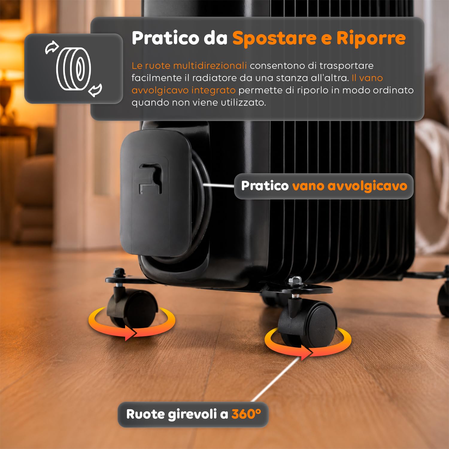 Radiatore Elettrico ad Olio 9 Elementi da 1500 Watt con Timer Programmabile per Accensione e Spegnimento - Display Digitale a Led e Telecomando, 60cm