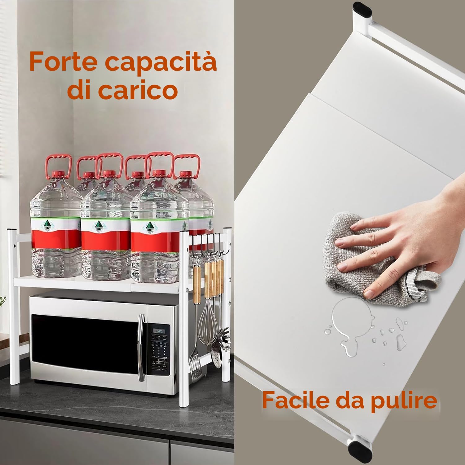 Quuylin 2 Livell Estensibile Mensola Microonde,con 6 Ganci,Regolabile fino a 40-64 cm Salvaspazio,Materiale in acciaio al carbonio,Può essere usato come contatore,scaffale per la cucina,Bianco