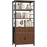 HOOBRO Bookshelf with Doors, Rustic Bookshelf with Drawers, Industrial Display Standing Shelf Units, Wooden and Metal Storage Shelf for Living Room, Home Office, Dining Room, Walnut and Black BH75SJ01