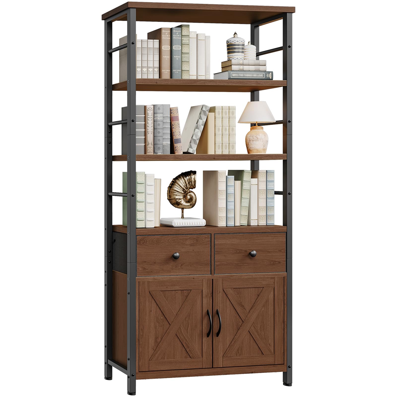 HOOBRO Bookshelf with Doors, Rustic Bookshelf with Drawers, Industrial Display Standing Shelf Units, Wooden and Metal Storage Shelf for Living Room,