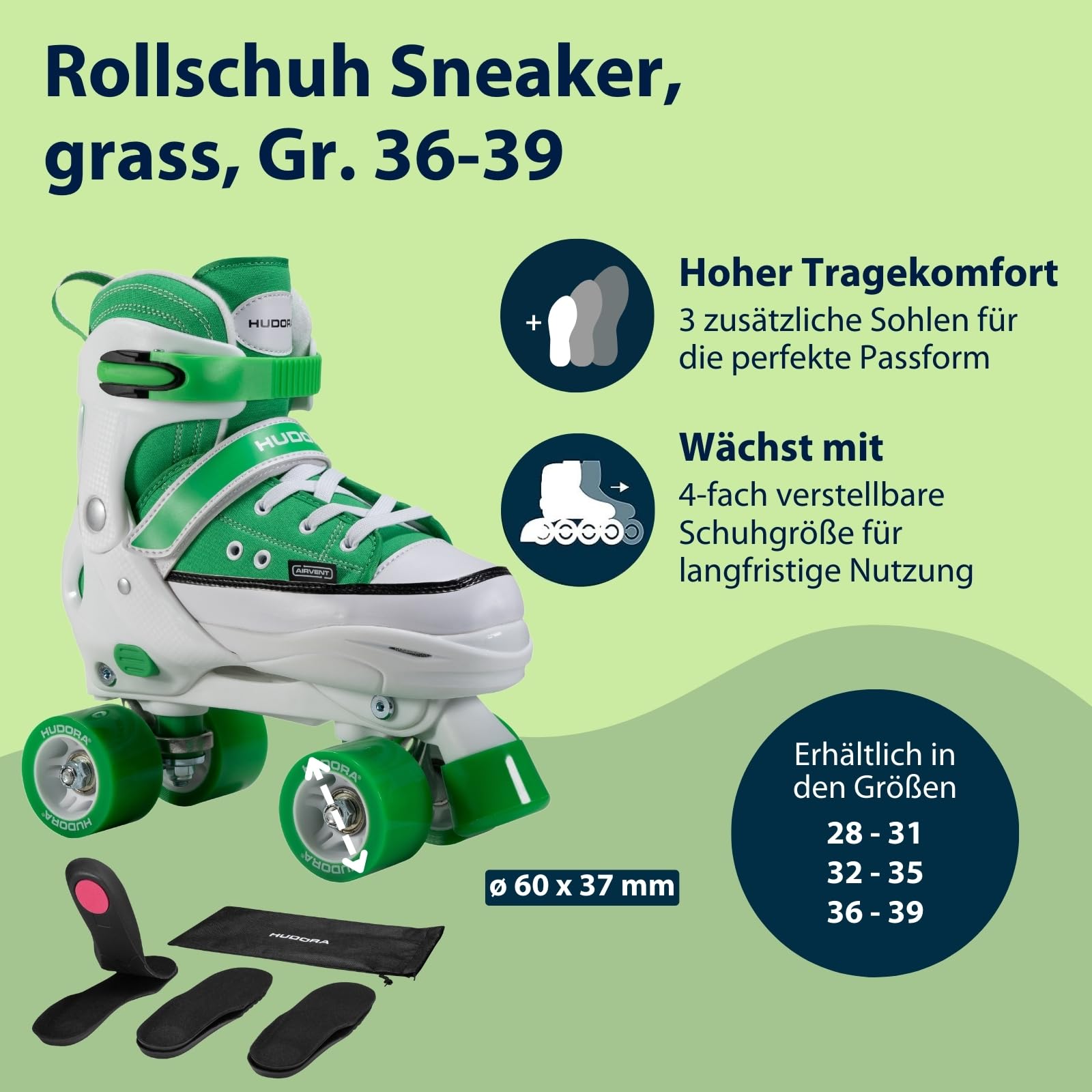 HUDORA Roller Skates Sneaker in versch. Farben & Größen - Kinder Rollschuhe über 4 Größen verstellbar - Rollschuhe für Kinder & Jugendliche - Roller Schuhe mit 4 austauschbaren Innensohlen