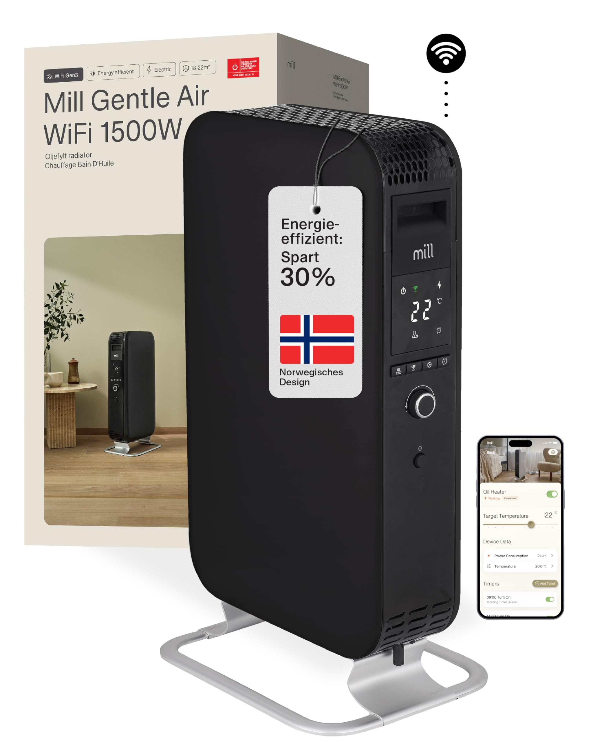 Mill Ölradiator Elektro Heizkörper 1500W - WIFI Smarte Elektroheizung mit App, Heizung elektrisch 18-22m², Ölradiator energiesparend, Elektroheizkörper leise & sicher, Designed in Norwegen - schwarz