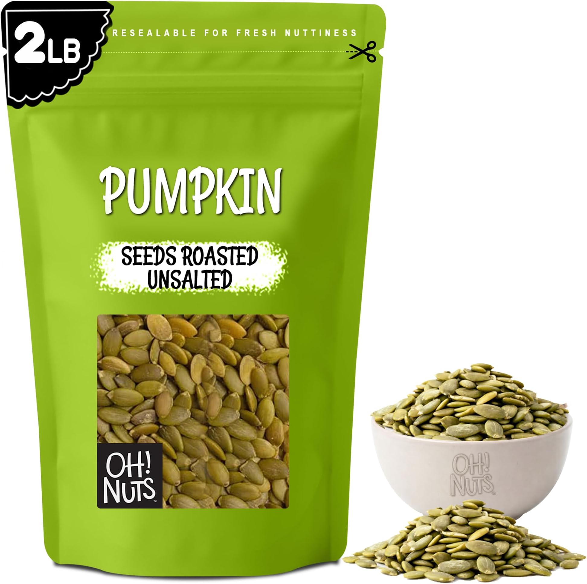 Oh! Nuts Roasted Unsalted Pumpkin Seeds -2lb | No Shell Pepitas Great for Healthy Snacking or Smoothie & Salad Toppings-32oz in Resealable Bulk Bag