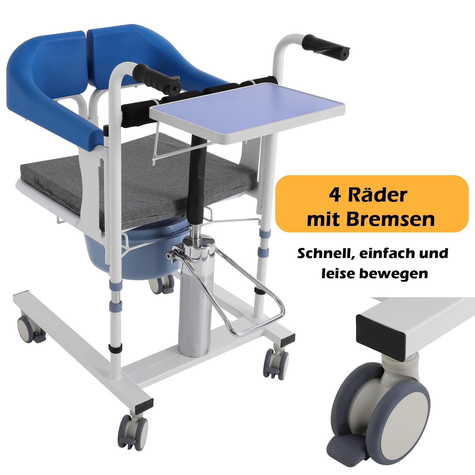OUKANING Patientenlifter Transferstuhl - Duschrollstuhl HöhenverstellbarToilettenstuhl mit Rollen Bis 100 kg Belastbar Nachtstuhl Badezimmerrollstuhl mit Rollen für Senioren Behinderte (Blau)