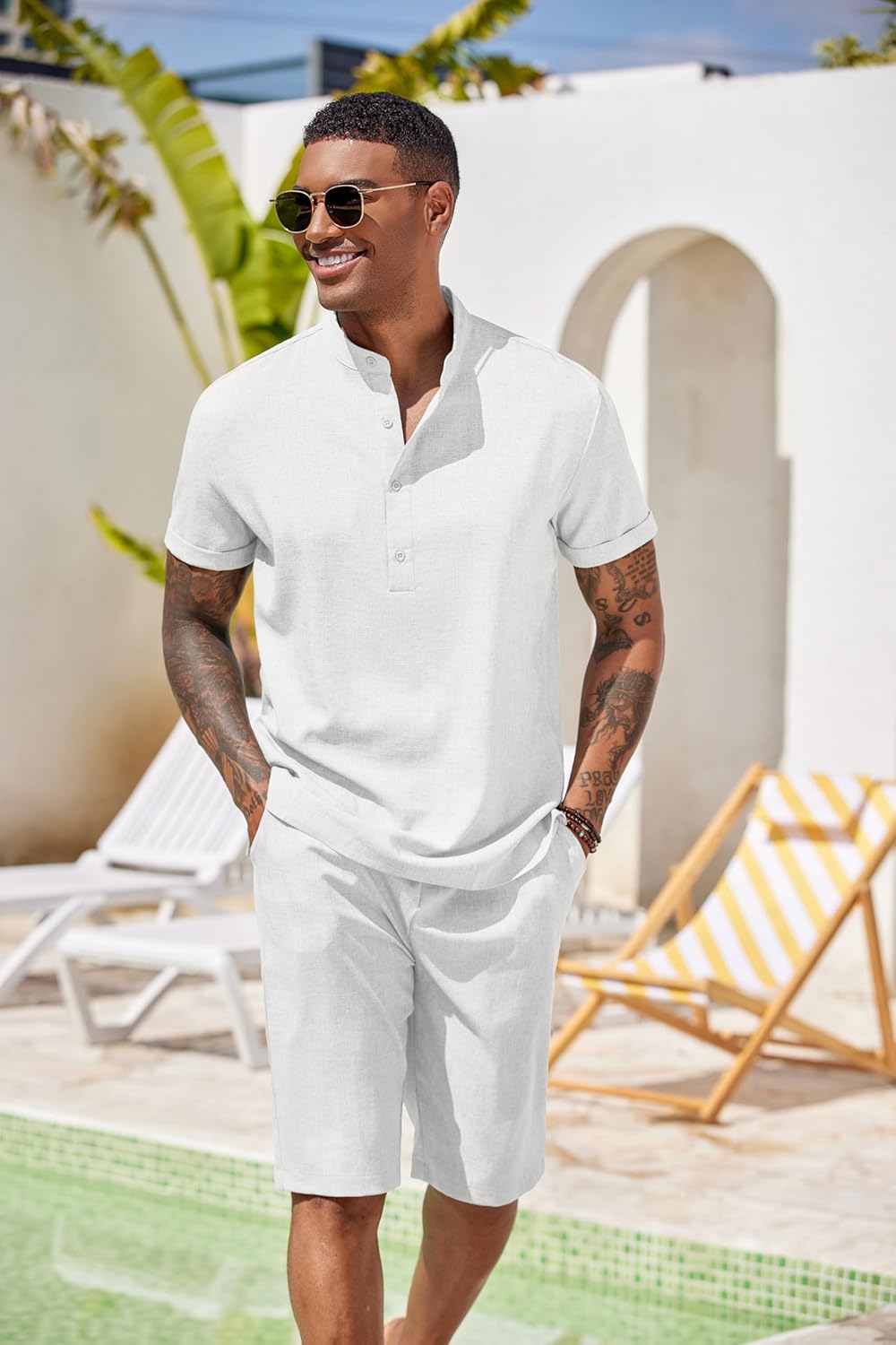 COOFANDY Men's 2 Pieces Set Short Sleeve Henley Shirts and Shorts Pants Texture Summer Beach Vacation Outfits - Image 2