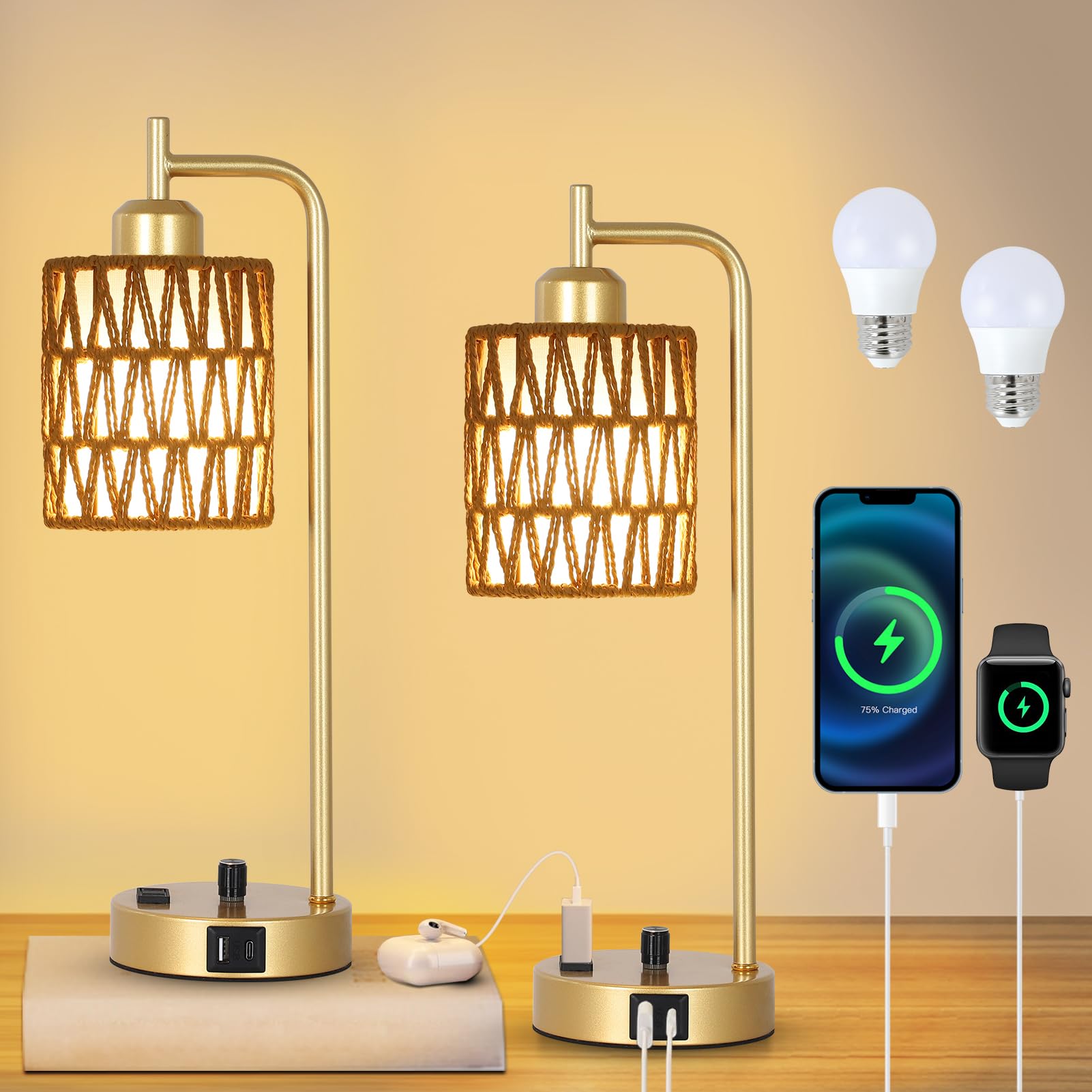 Stepeak Gold Lamp for Bedroom, Boho Rattan Table Lamps Set of 2 with LED Bulbs, Bedside Lamps for Night Stands with Wicker Shade, USB Port and Outlet,