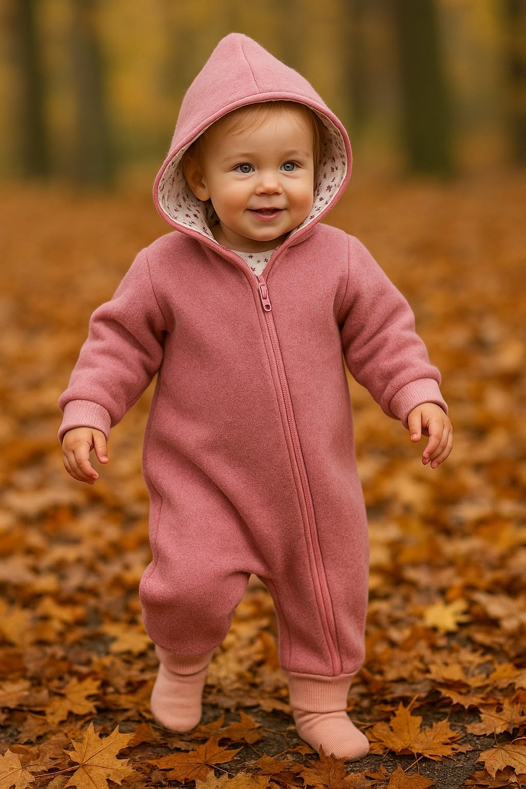 Lilakind Wollwalk Overall für Baby und Kleinkind mit Kapuze und Reißverschluss – Dusty Pink Blumenmuster