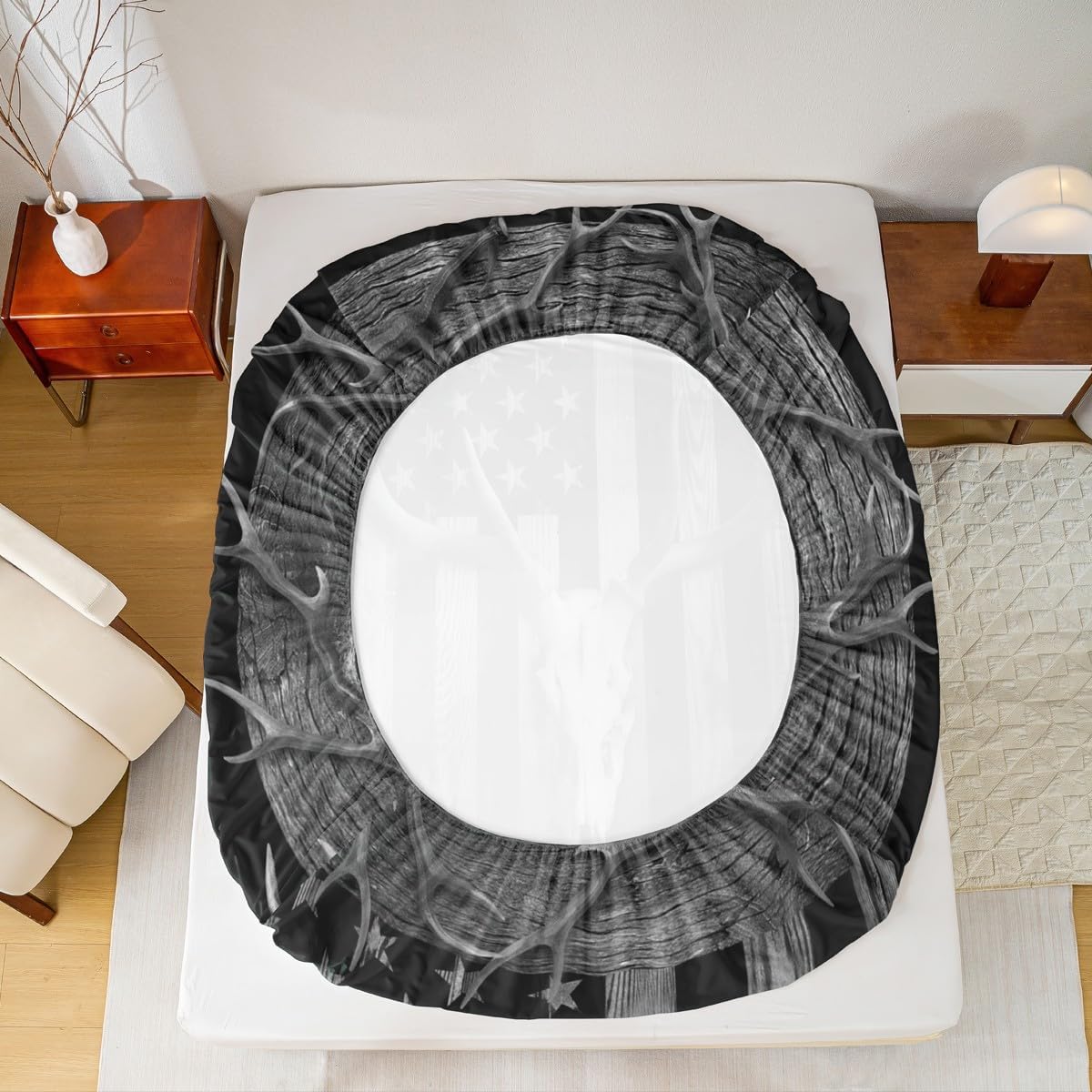 Deer Skull Fitted Sheet Queen Size,American Flag Bedding Set,Hunting Animals Elk Antler Bed Sheet for Kids Boys Men Adult Room Decor,Rustic Cabin Wood Stripes Black Deep Pocket Sheet,2 Pillowcases