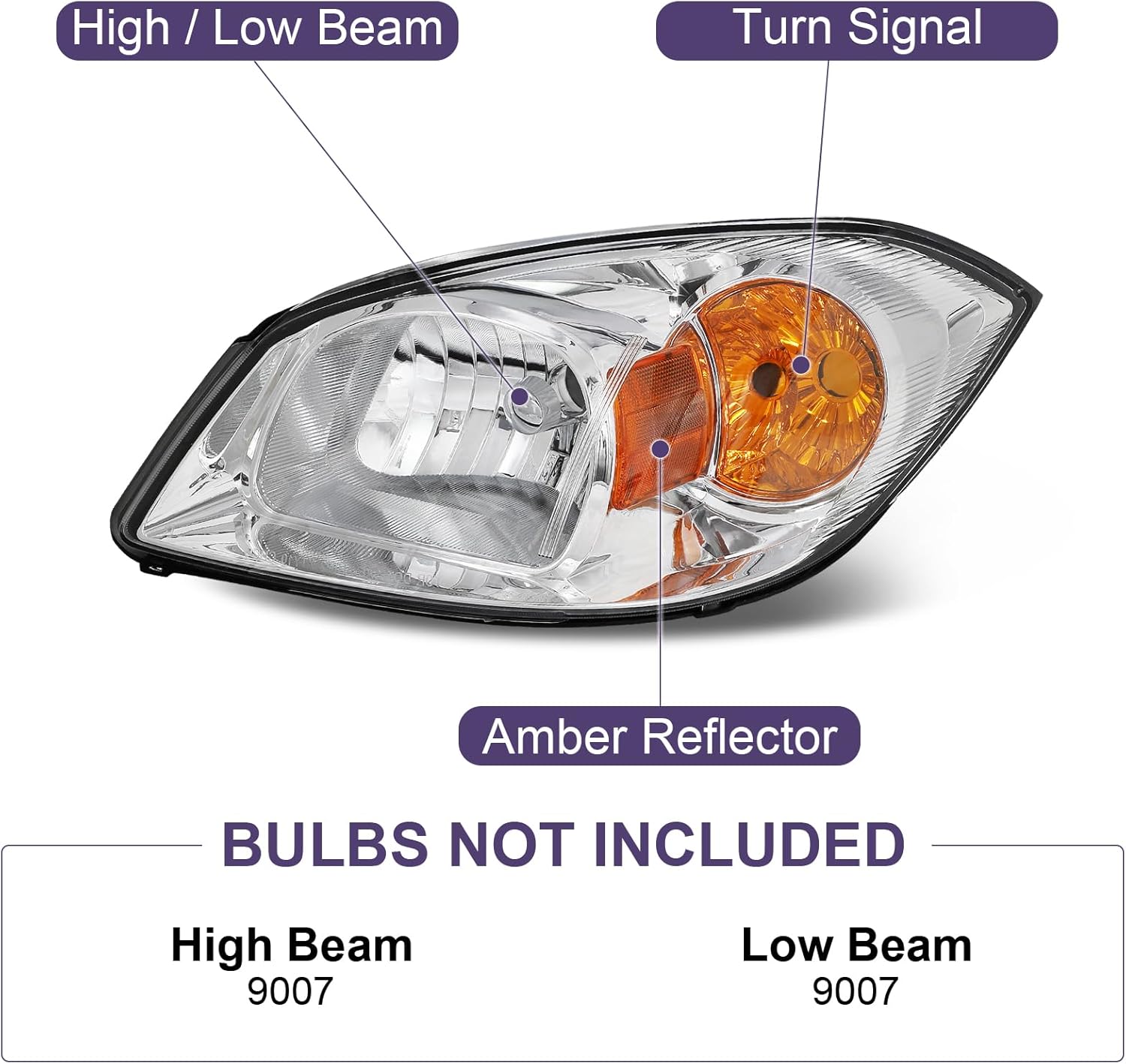 Headlight Assembly Fit for 2005-2010 Chevy Cobalt/2005-2006 Pontiac Pursuit/2007-2009 Pontiac G5 Chrome Housing With Amber Reflector-S