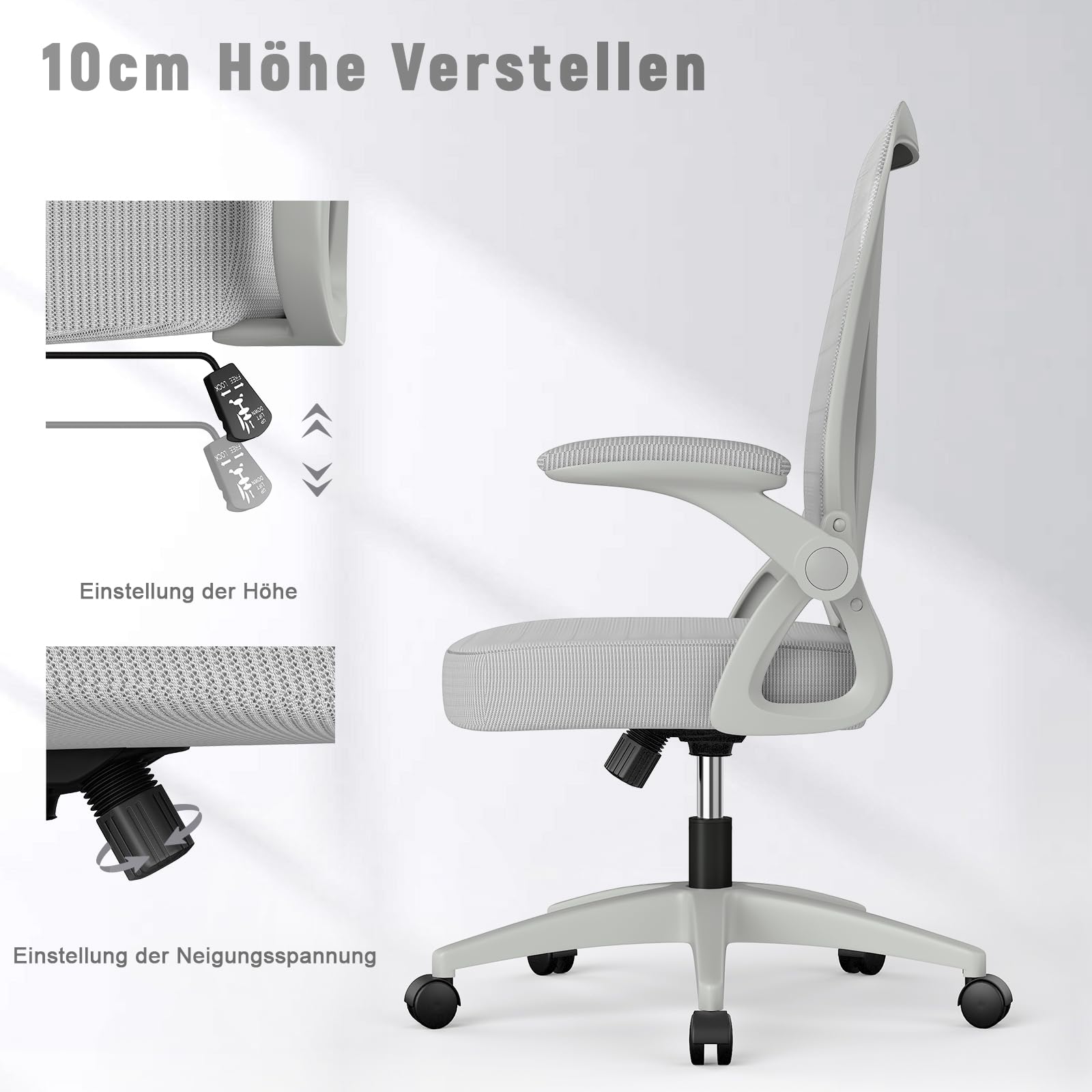 rattantree Bürostuhl mit Hochklappbaren Armlehnen, Ergonomischer Schreibtischstuhl mit Lendenwirbelstütze, Höhenverstellbar, Platzsparend, Drehstuhl für das Büro, Grau, X22F00M022