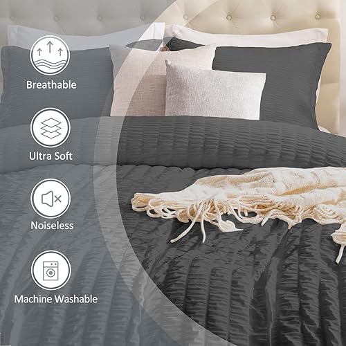 Miniatura 2 de Funda de edredón gris oscuro tamaño matrimonial, 3 piezas, juego de funda de edredón de sirsaca transpirable con cierre de cremallera y lazos en las