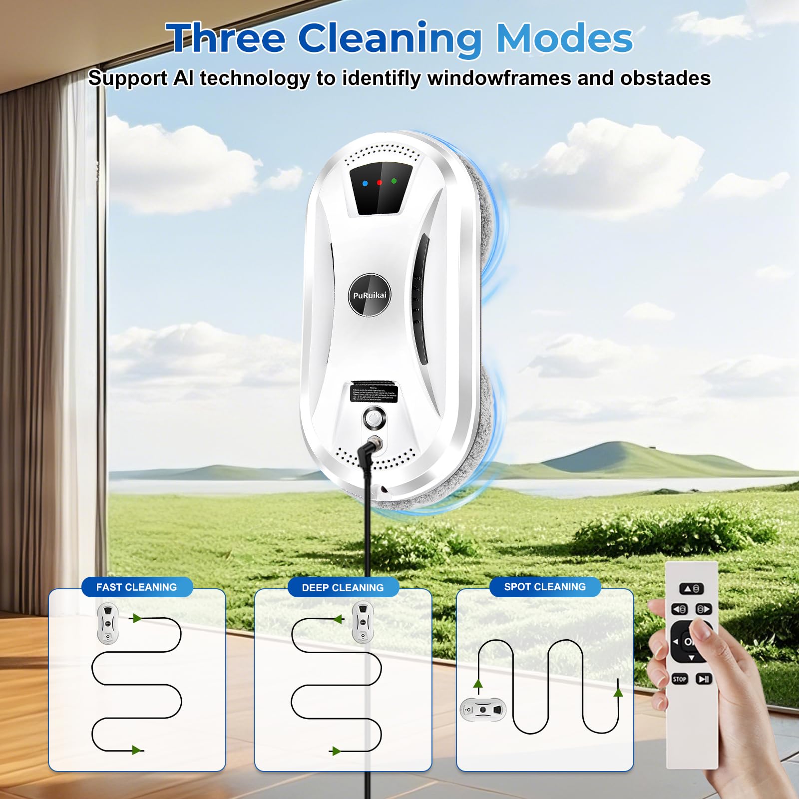 PRK-N361 - Robot de lavado de cristal con mando a distancia, 10 paños de limpieza, cuerda de seguridad y botella rociadora | Con control remoto, 10 paños de limpieza, cuerda de seguridad, botella de spray