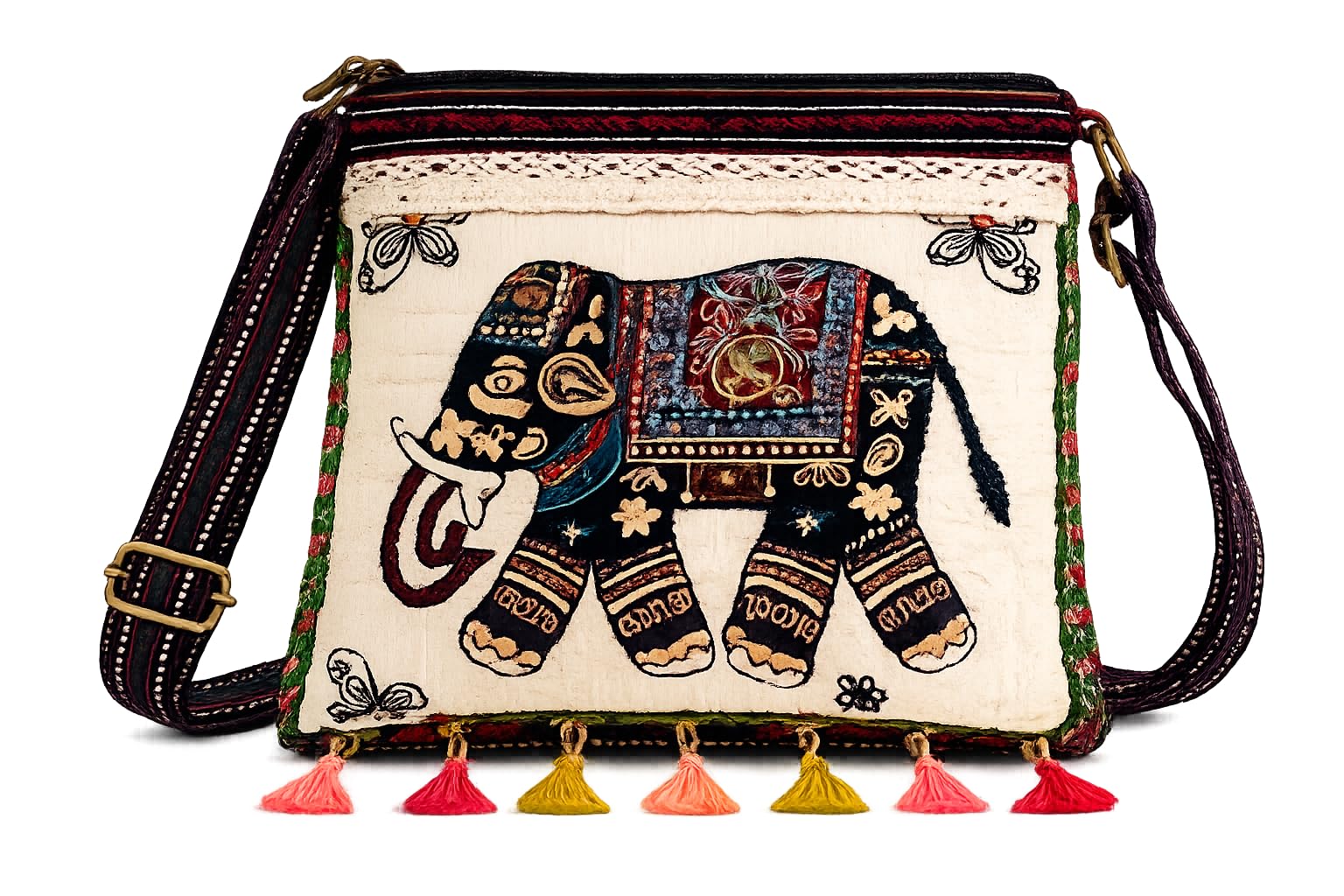 Handcrafted Elephant Embroidered Sling Bag for Women | Boho Ethnic Crossbody Shoulder Bag | Cotton Canvas Travel Messenger Purse-picture-20