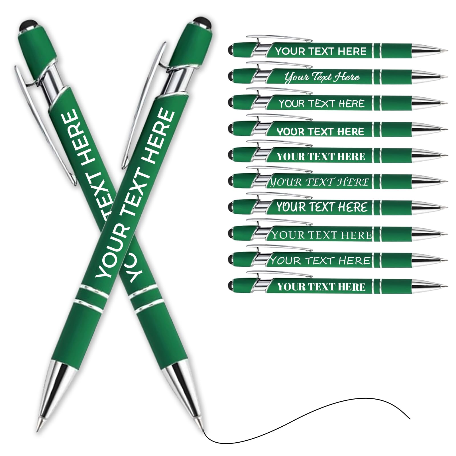 Personalised Pen Ballpoint Pens With Stylus,Customised Engraved Text Bulk Wholesale Pens - Ideal For Business Promotions, Schools, Company Event Giveaways, Personalised Gifts(Dark Green,100Pcs)