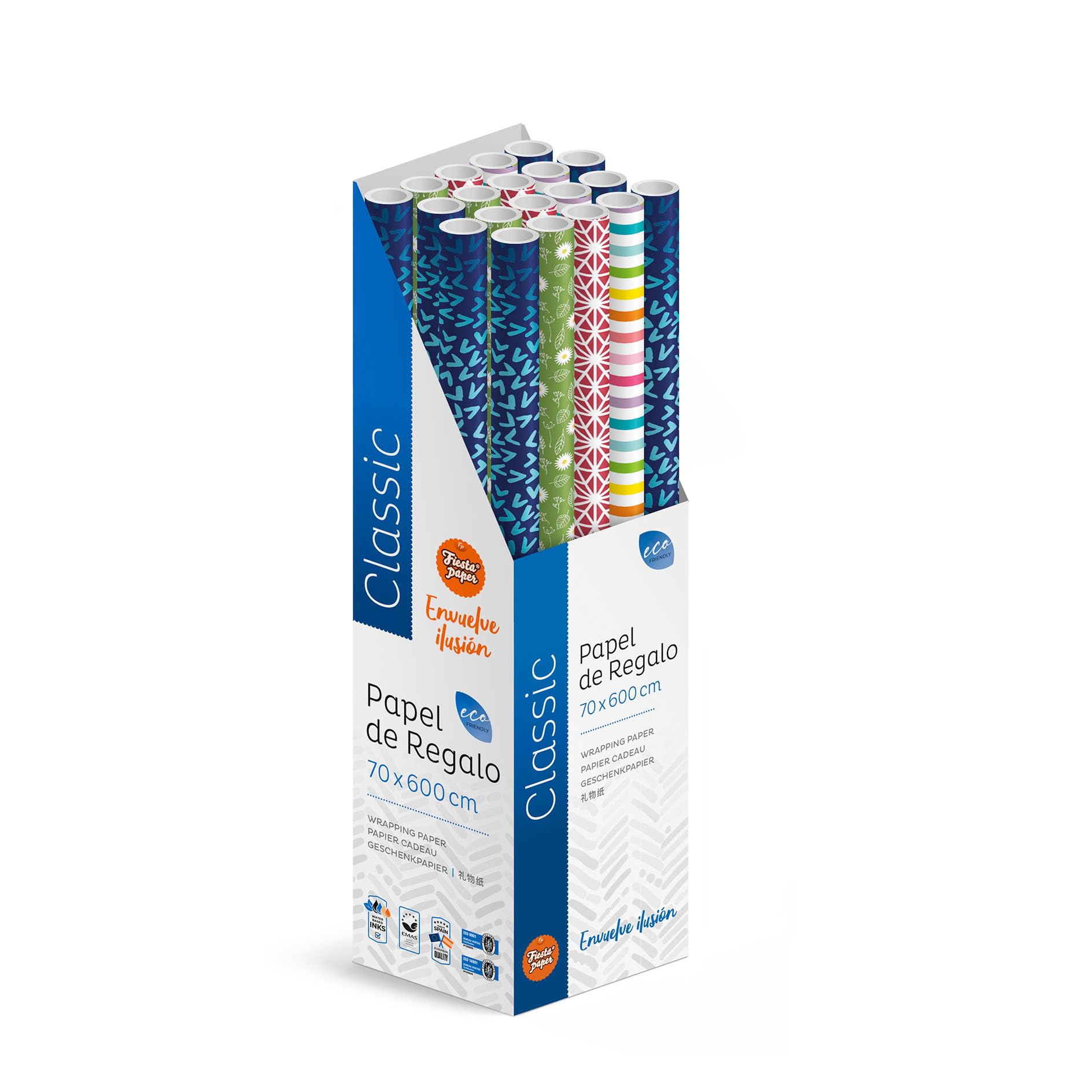 Pack 20 Rollos Papel Regalo XXL 6m x 70cm Extra Largo, Caja Expositora, Alta Resistencia, Formato Comercial, Listo para Tienda, Regalos Grandes Cumpleaños Embalaje Tiendas Comercios - FP Fiesta Paper