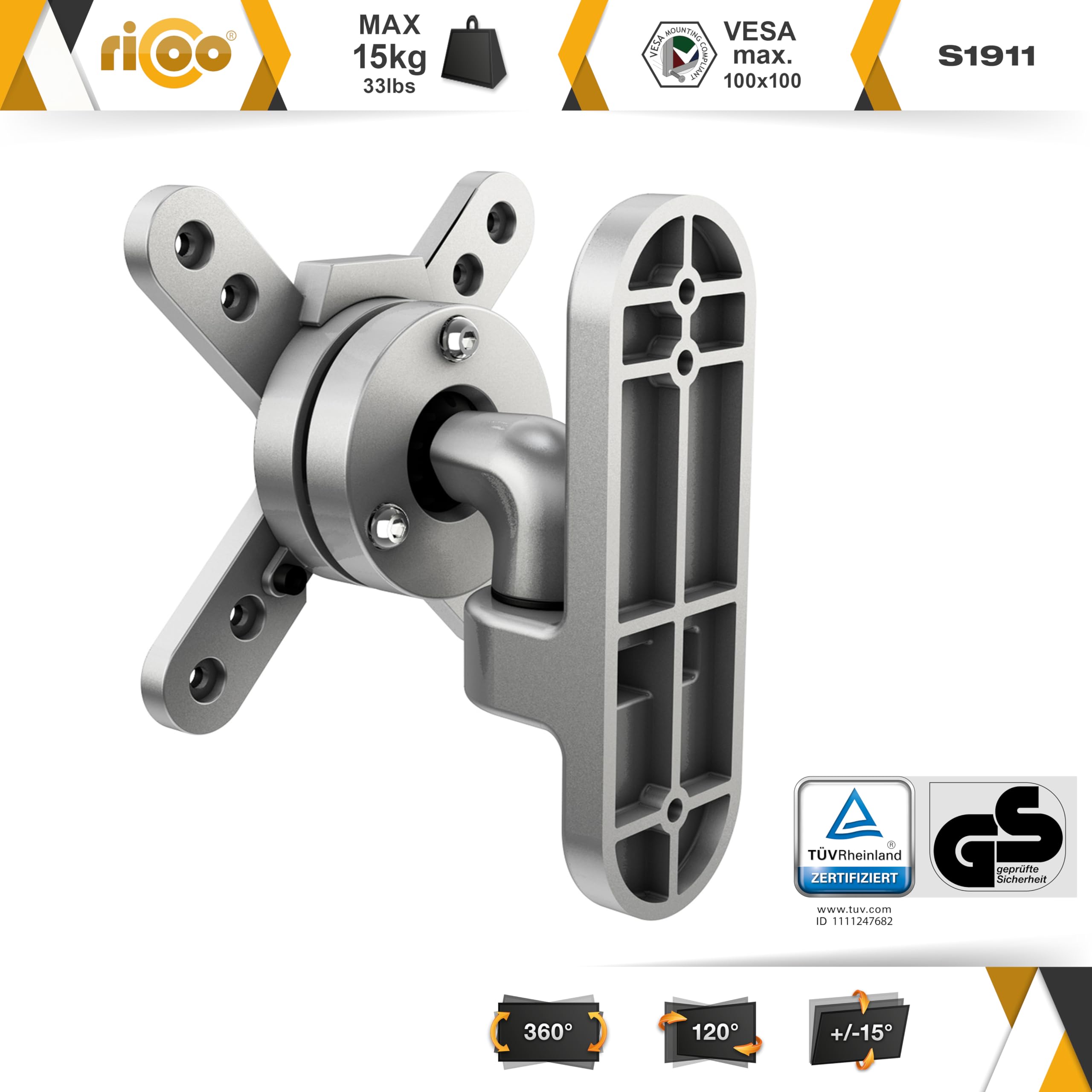 RICOO Uchwyt ścienny do monitora PC, z atestem TÜV, wychylny, uniwersalny, do ekranów 13-19-24-27-32 cali, uchwyt ścienny S1911, uchwyt na monitor, uchwyt na ekran, VESA 75 x 75, 100 x 100 mm