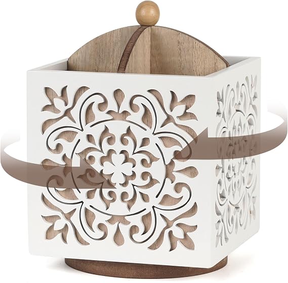 Rotating Utensil Holder for Kitchen Counter, Wood Utensil Organizer Silverware Organizer Rustic Cutlery Holder Utensil Crock, White Flatware Organizer Utensil Caddy for Forks, Spoons, Knives
