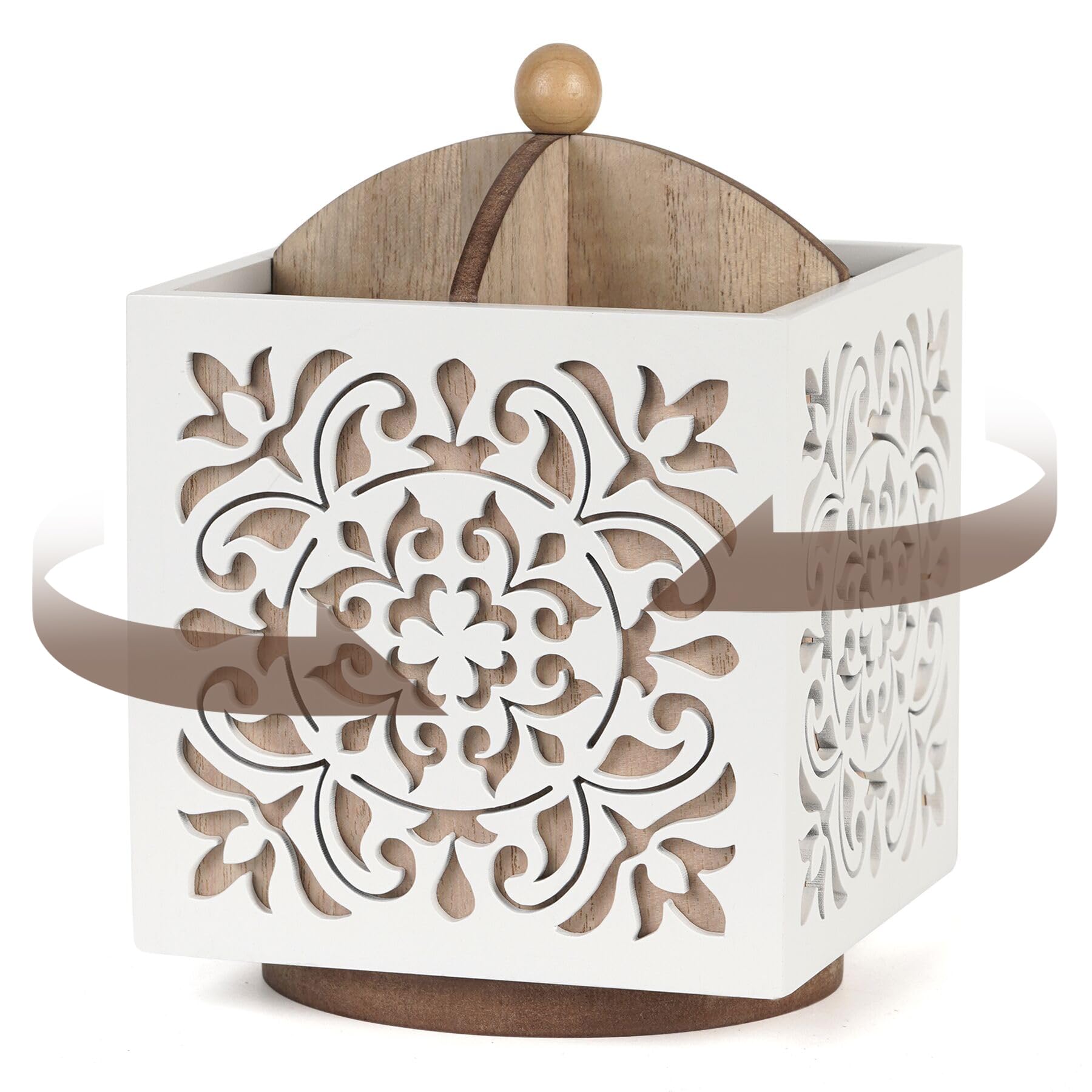 AHUONEL Rotating Utensil Holder for Kitchen Counter, Wood Utensil Organizer Silverware Organizer Rustic Cutlery Holder Utensil Crock, White Flatware