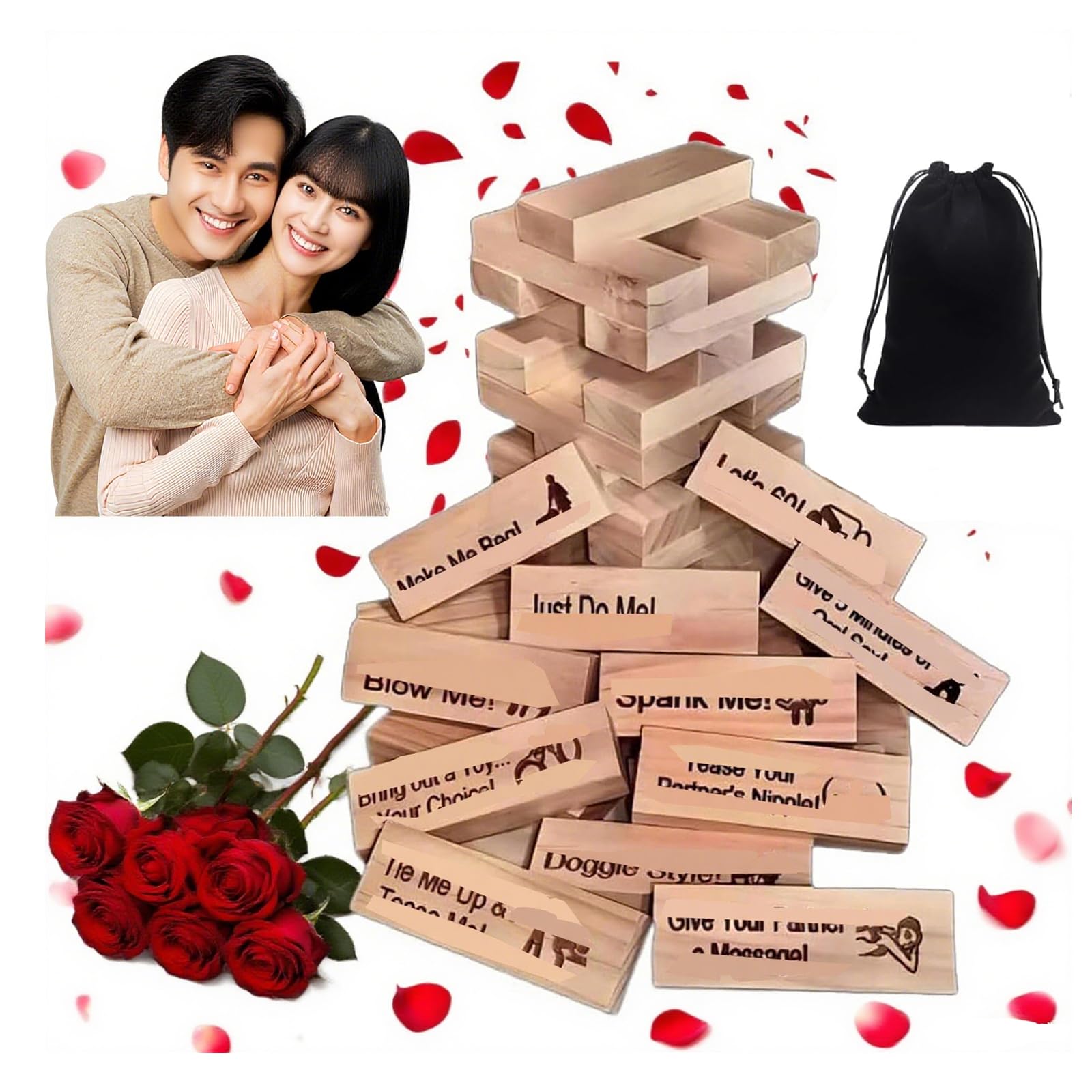 DMJOULI Lust Tower - 48Pcs Super Naughty Block Tower Game,Fun Adult Party Game for Date Nights, Valentines Day Romantic Activity with Storage Bag