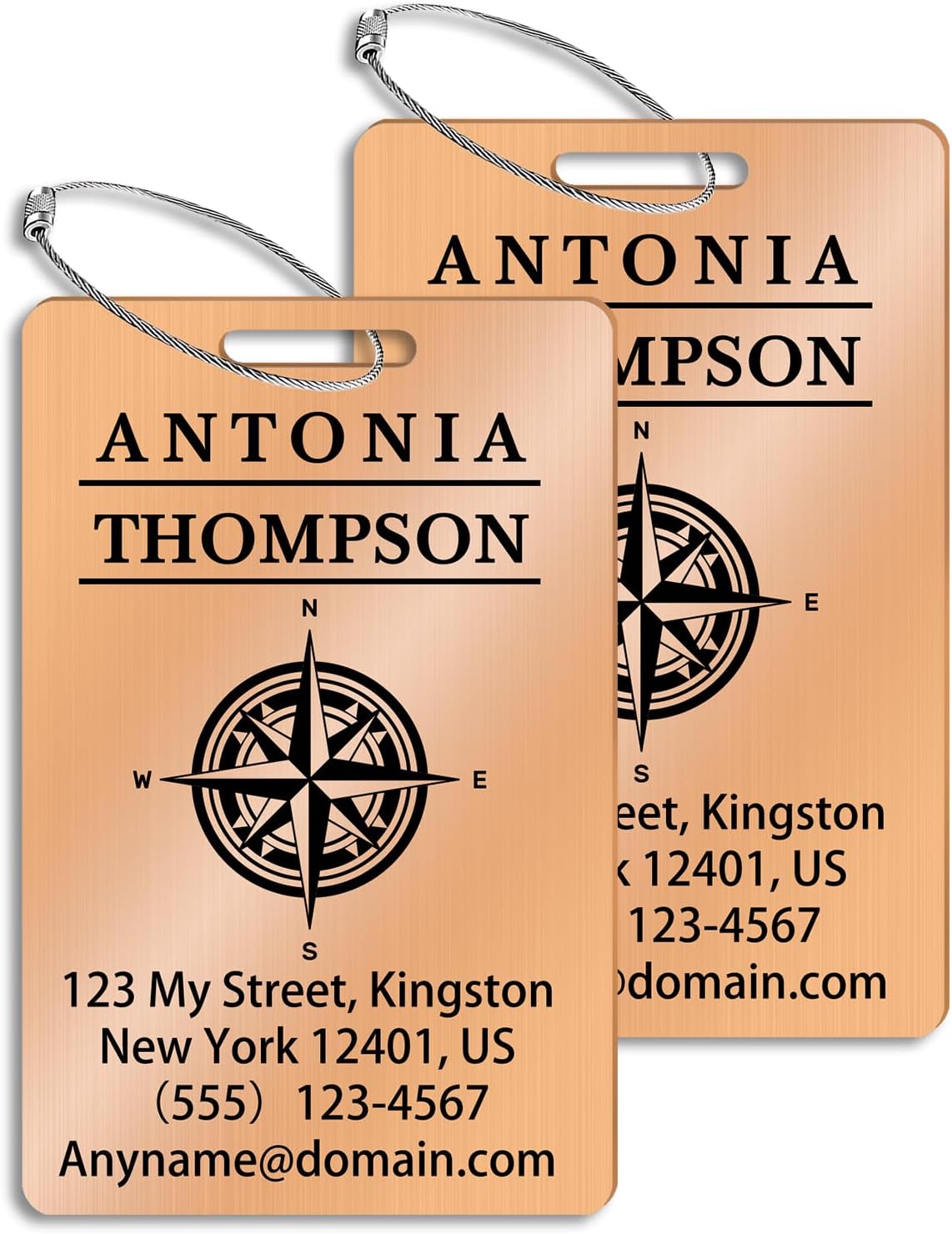 Custom Stainless Steel Luggage Tags (2 Pack) - Personalized Laser Engraved Luggage Tag, Waterproof Durable, for Bags, Backpack Travel, Suitcases (Rose Gold)