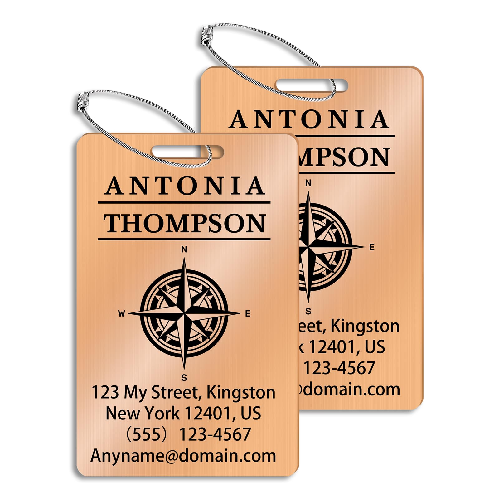 Custom Stainless Steel Luggage Tags (2 Pack) - Personalized Laser Engraved Luggage Tag, Waterproof Durable, for Bags, Backpack Travel, Suitcases (Rose Gold)