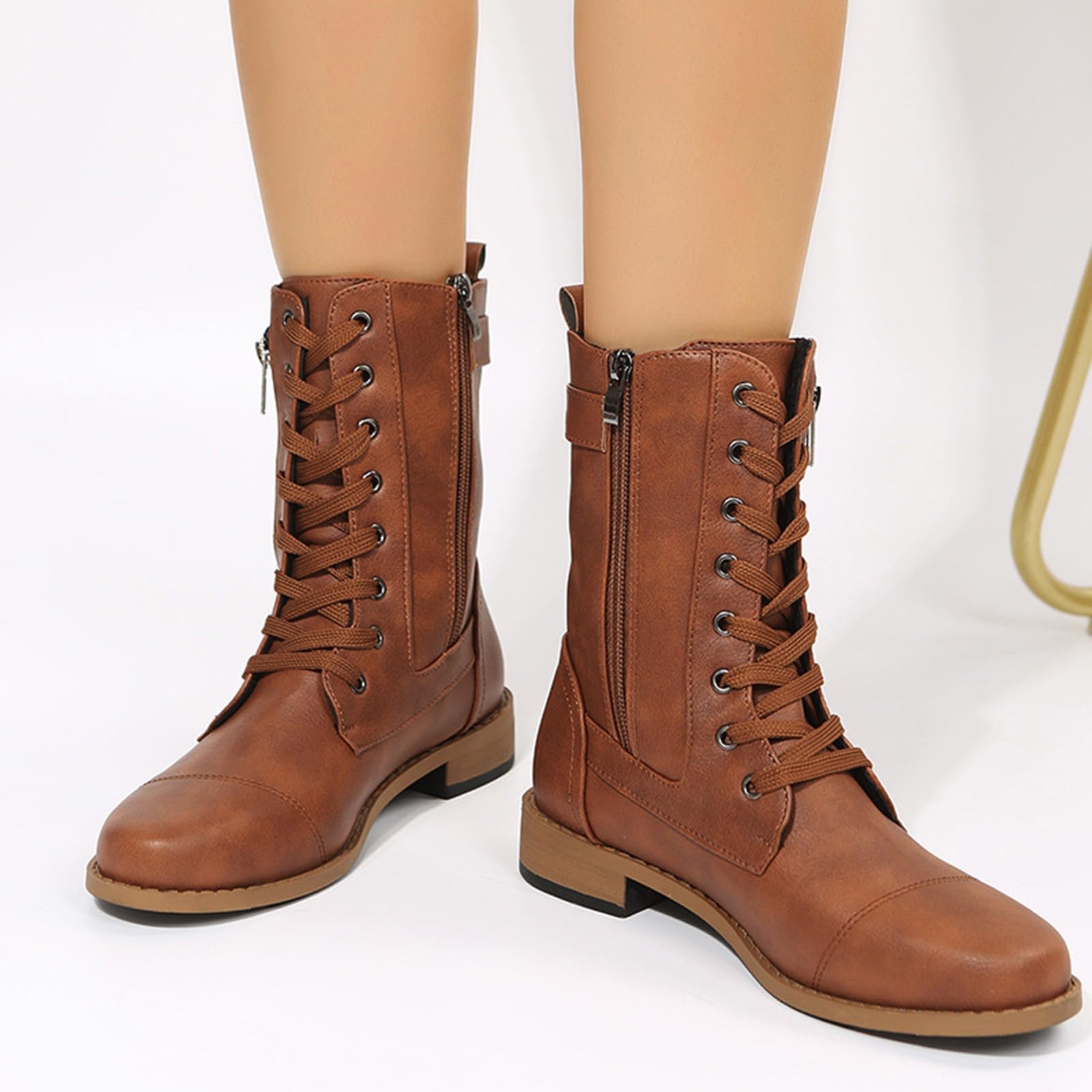 Generisch Elegante Stiefeletten Weibliche Stiefel Militärische Kampfstiefel PU Leder Stiefele Damen High-Top Warme Schnürstiefel Flache Schuhe Schnürstiefeletten mit Reißverschluss Herbst Winter