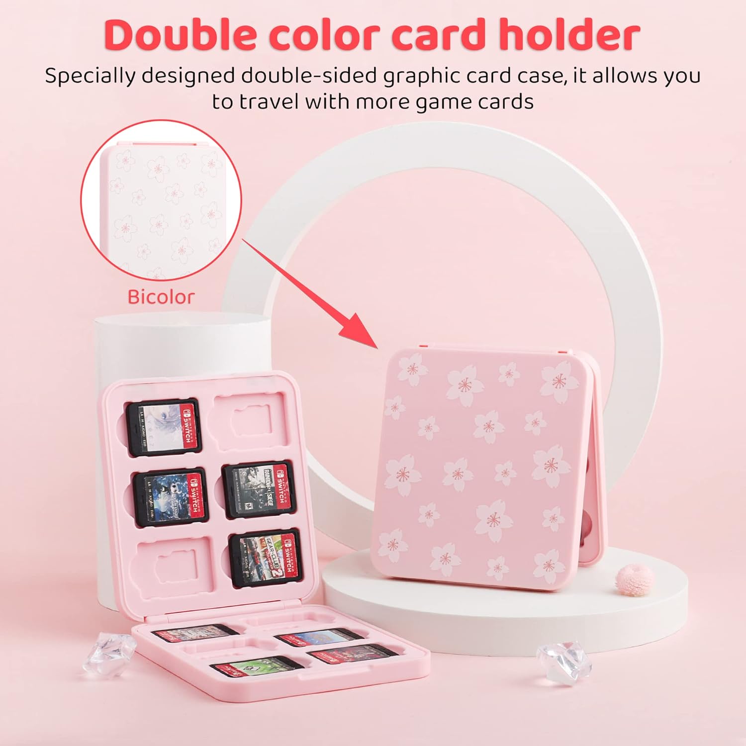 FUNDIARY Pink Carrying Travel Bag for Switch 2/Switch/OLED/Lite with Sakura Design, Portable Accessories with Pink Sakura Shoulder Bag Crossbody Backpack, 12 Game Case Holder and 2 Thumb Caps