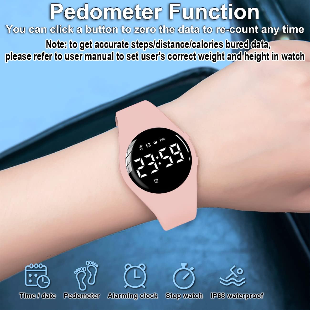 HUYVMAY Fitness Tracker T6F on a wrist, showing pedometer function and icons for time, pedometer, alarm, stopwatch, and IP68 waterproof