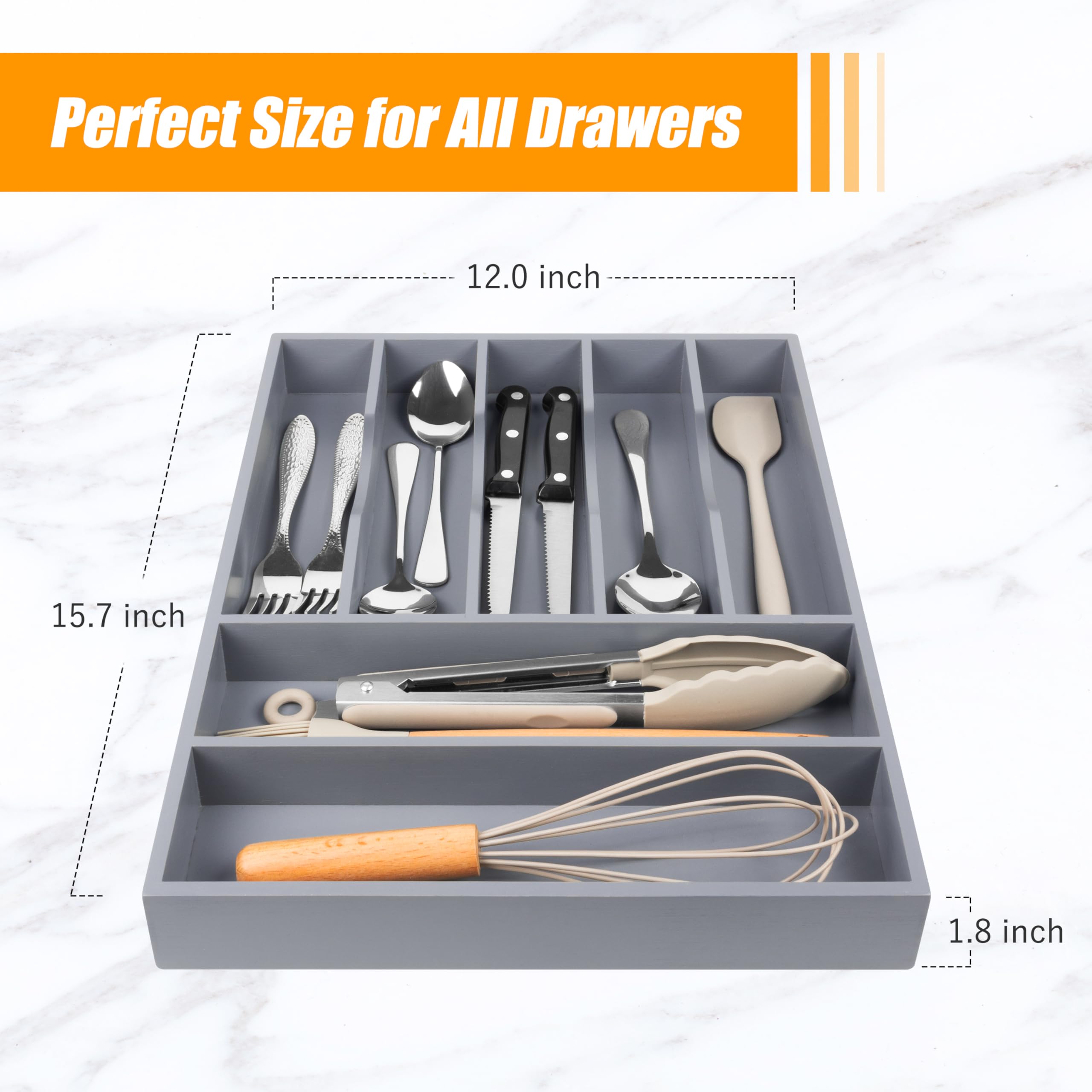 Bellsal Organizer per cassetti in bambù, portaposate con divisori scanalati, per posate, camera da letto, ufficio (7 scomparti, grigio)