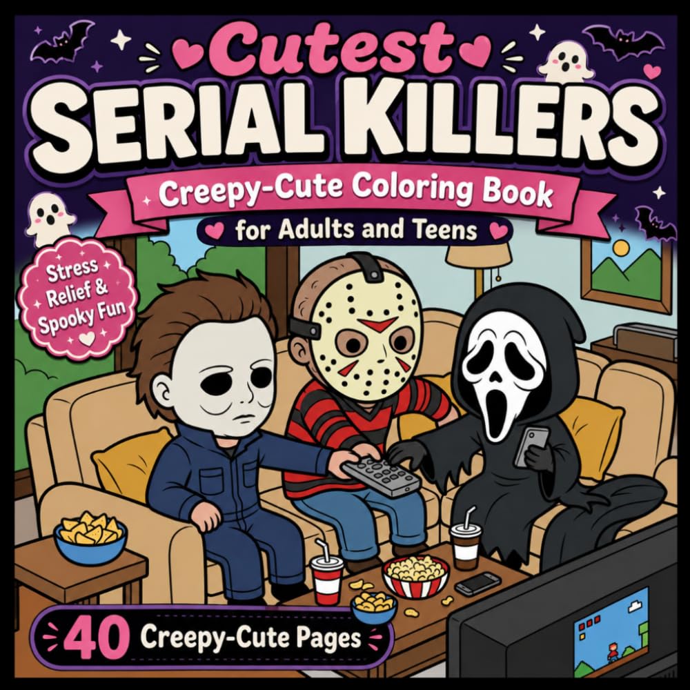 Cutest Serial Killers Coloring Book for Adults and Teens: 40 Creepy Cute Horror Characters | Spooky Kawaii Coloring Pages for Stress Relief and Halloween Fun