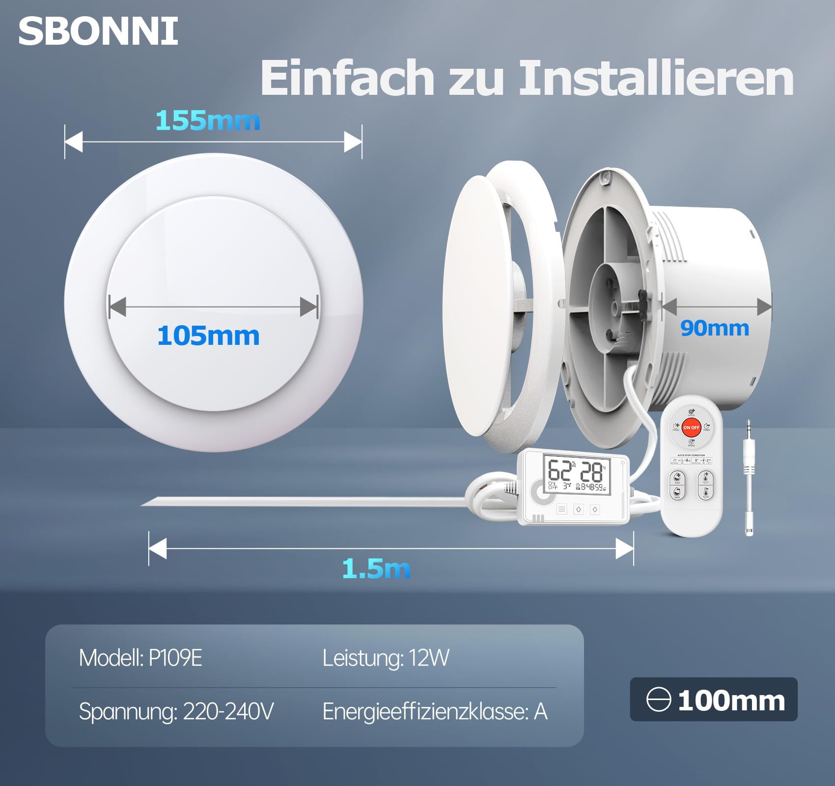 3 Stufen Bad Lüfter mit Feuchtigkeitssensor Temperatursensor Timer, Badlüfter 100mm mit Fernbedienung, Echtzeit Anzeige Feuchtigkeit und Temperatur, Leistungsstark Leise Abluftventilator P109