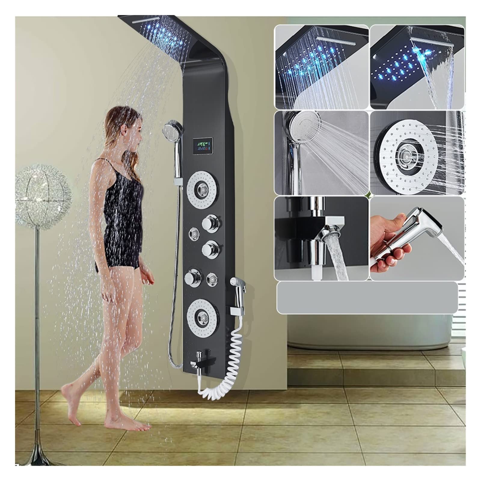 Soywim 8006 Black Shower System, Black Led Shower Panel Six Functions Waterfall Bathroom Faucet Spa Massage Jet Tub Mixer Sprayer(8006 Black)