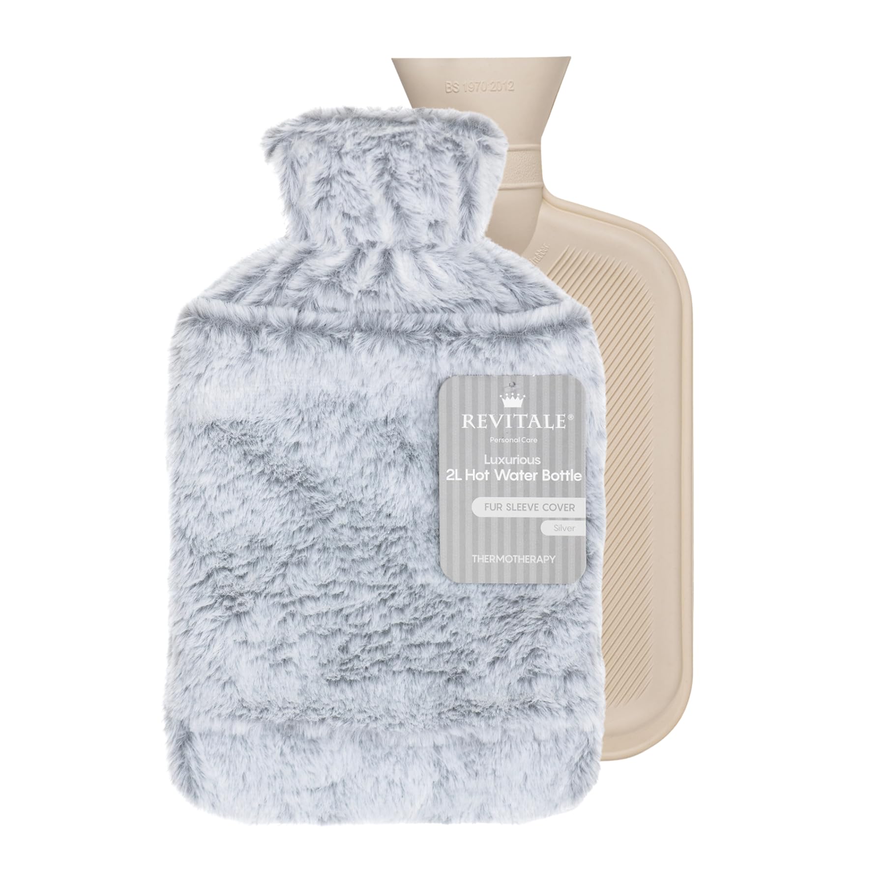 Revitale Bolsa de Agua Caliente de Lujo y Confort 2 Litros, Funda Suave tipo Manga, Caucho Natural Acanalado en un Lado, Norma Británica BS1970:2012, Duradera y a Prueba de Fugas (Plata – Manga)