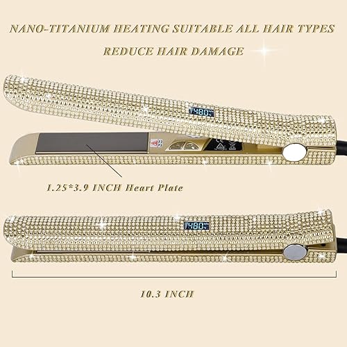 Miniatura 2 de Plancha de pelo con diamantes de imitación, plancha de pelo profesional de diamante con alta temperatura de 480 F, planchas planas de nano-titanio,