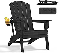 Nevilywood Folding Adirondack Chair with Cup Holder - HDPE All-Weather, 380lbs Capacity, Ergonomic Backrest, Black Patio Chair