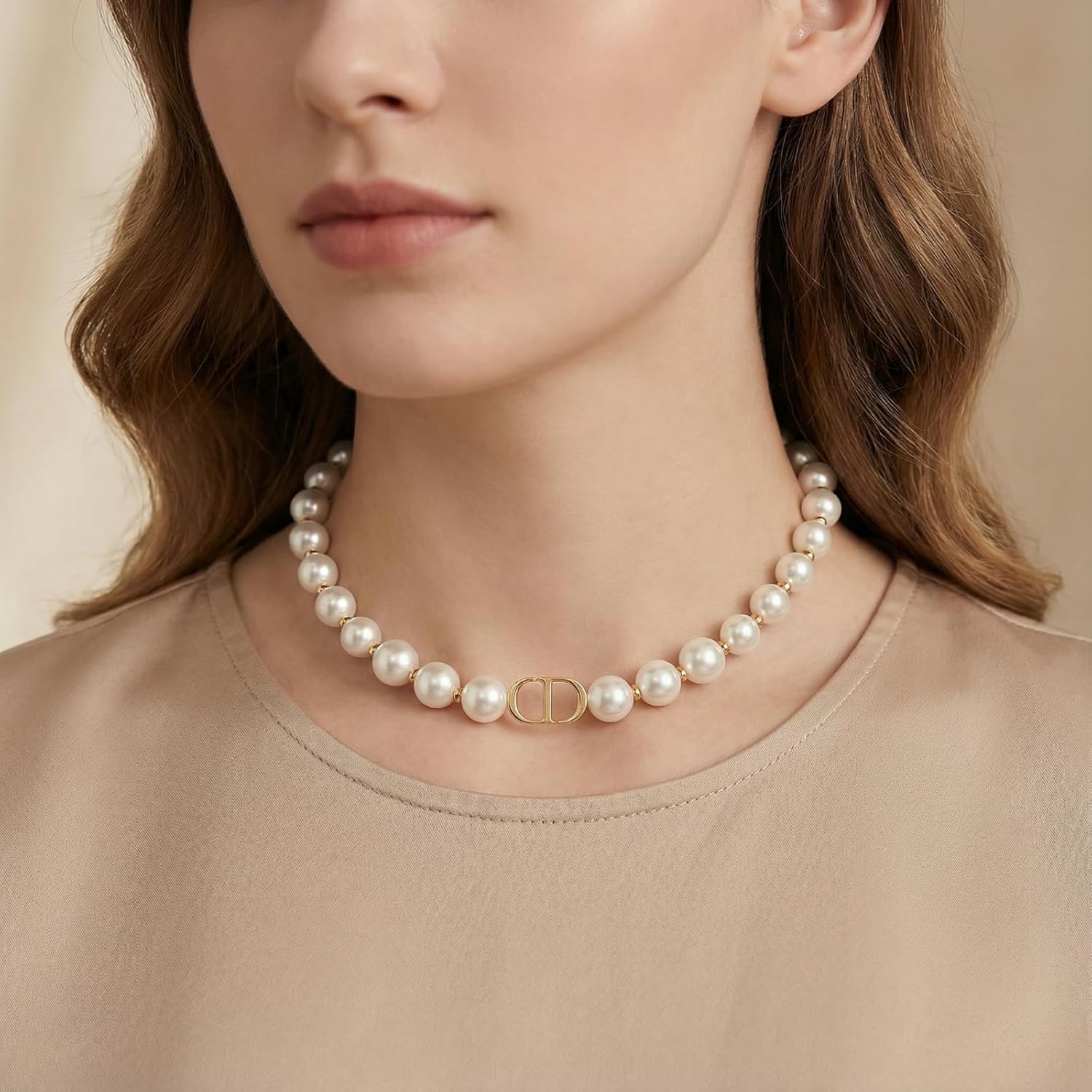 Merlinae 18K gold plated copper pearl necklace, with luxurious letter design and rectangular three-dimensional pendant, double-layered stacked straps highlighting the fashionable charm of women's jewelry - Image 6