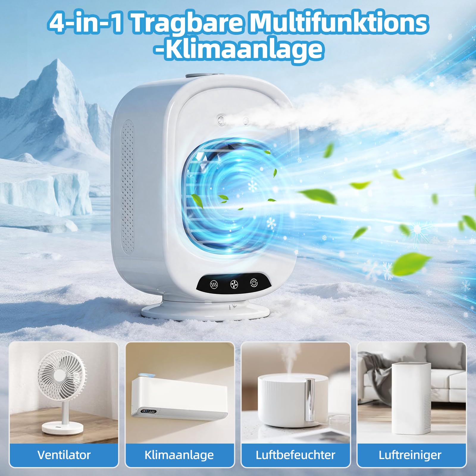 Mobile Klimaanlage, Mini Luftkühler mit 300mL Wassertank, 3 Geschwindigkeiten, 2 Sprühmodus, Mobil Klimagerät USB, Klimaanlage mobil für Büro, Schlafzimmer, Camping (Weiß)