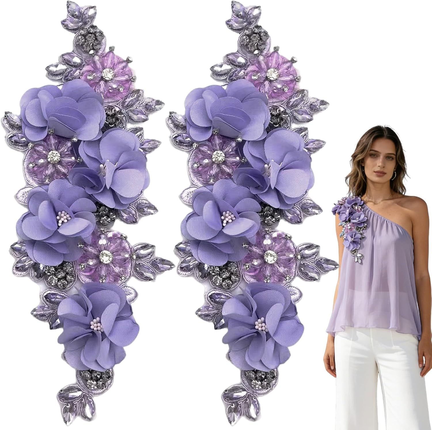2 Pcs Purple 3D Floral Embroidery Applique for Handmade Floral Rhinestone Lace Appliques Purple Embroidery Sequin Patches for Wedding Bridal Dress for Clothes,Dress,Hat,Hairband