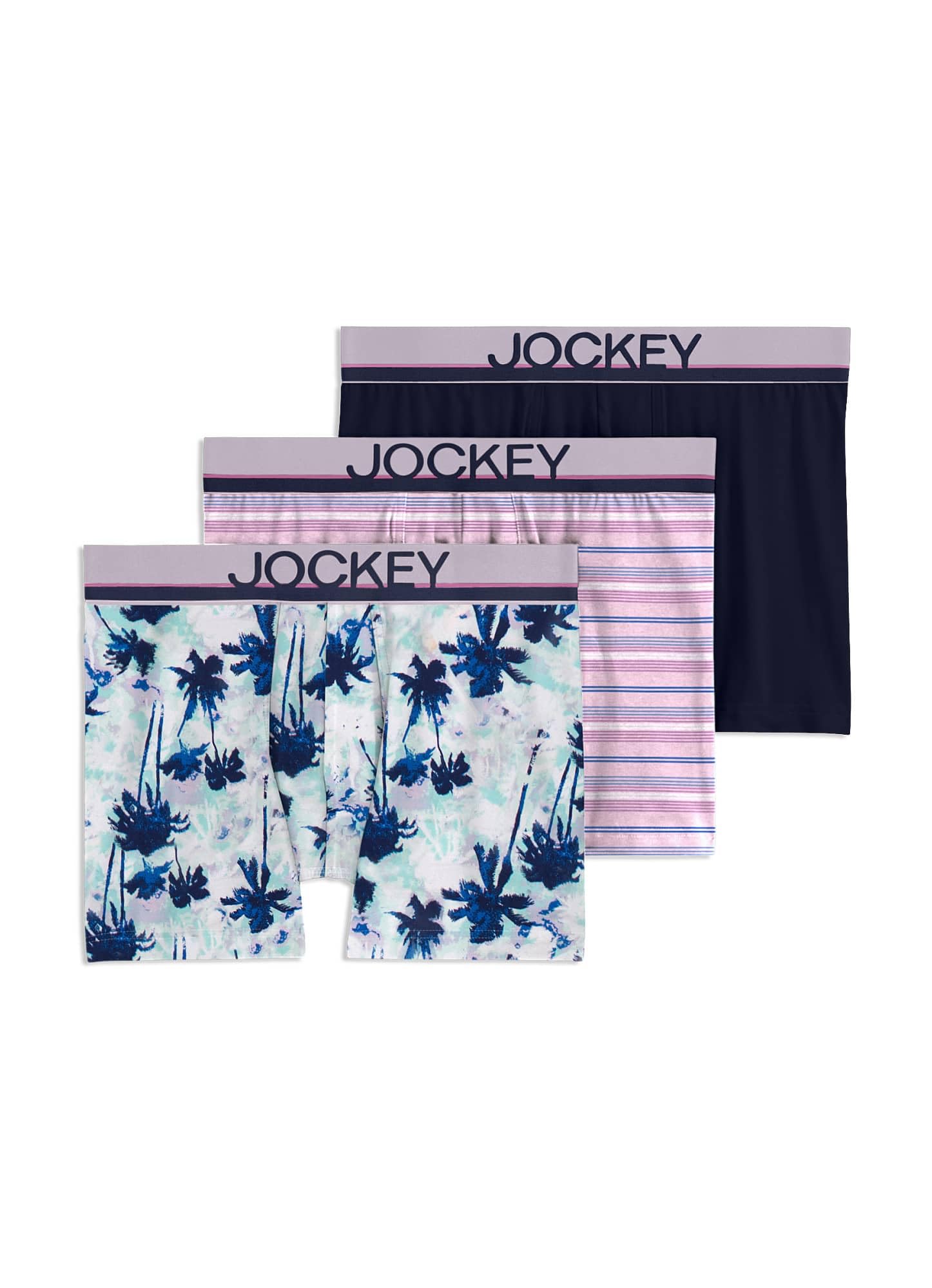 Jockey Men's Underwear Casual Cotton Stretch 3" Trunk - 3 Pack, Teal Ocean Palms/True Navy/Vacation Stripe, XL