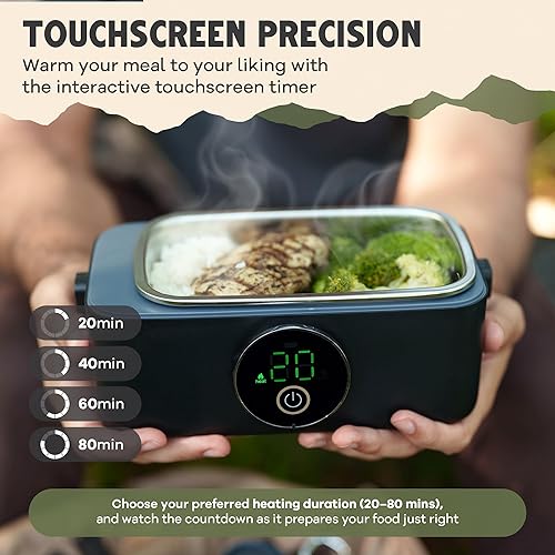 Miniatura 3 de ThermoGo - Lonchera eléctrica autocalentable para adultos - Calentador de alimentos inalámbrico de 60 W con temporizador de pantalla táctil y bolsa
