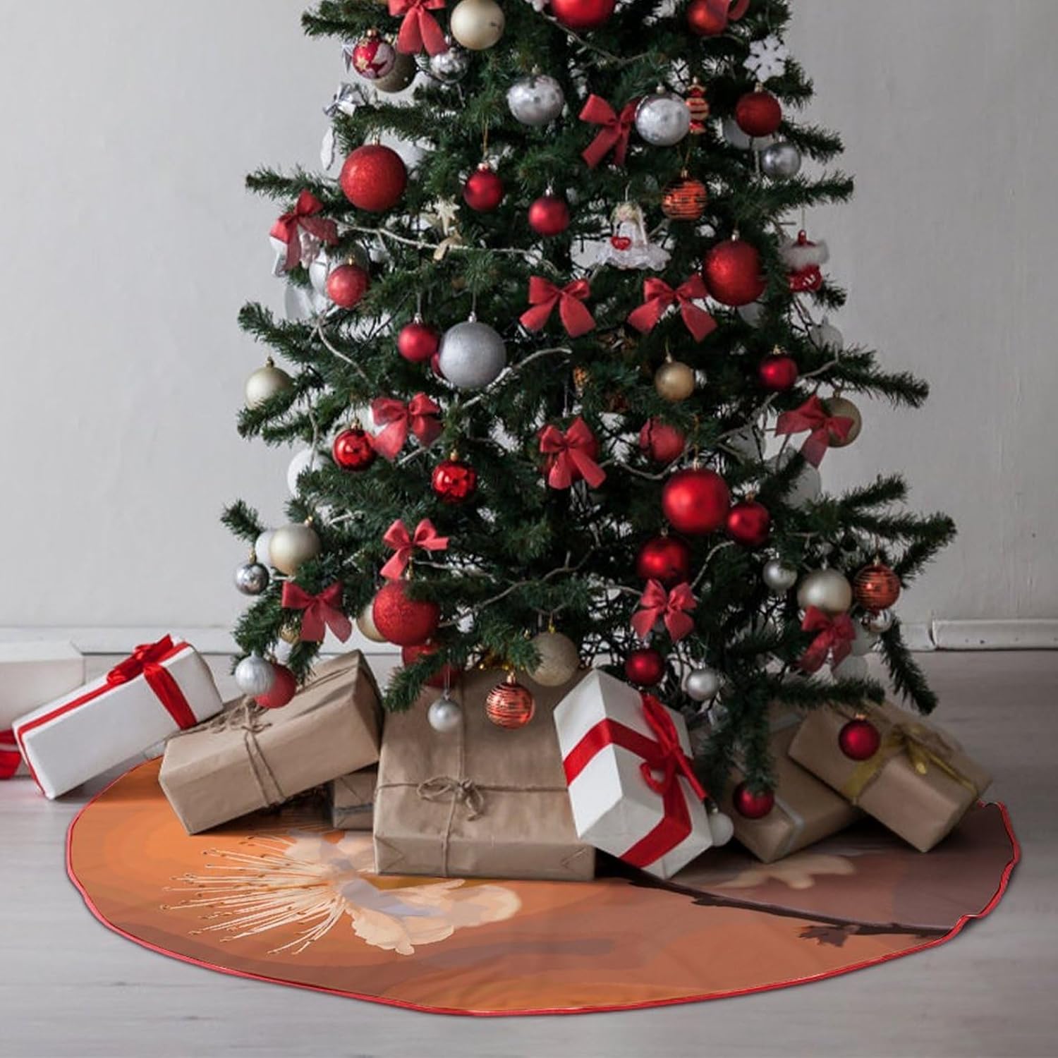 Christmas Tree Skirt,for Xmas Tree Holiday Party Decorations Flowers Under Lights Printed Christmas Tree Mat Red Lace-up Christmas Tree Dress