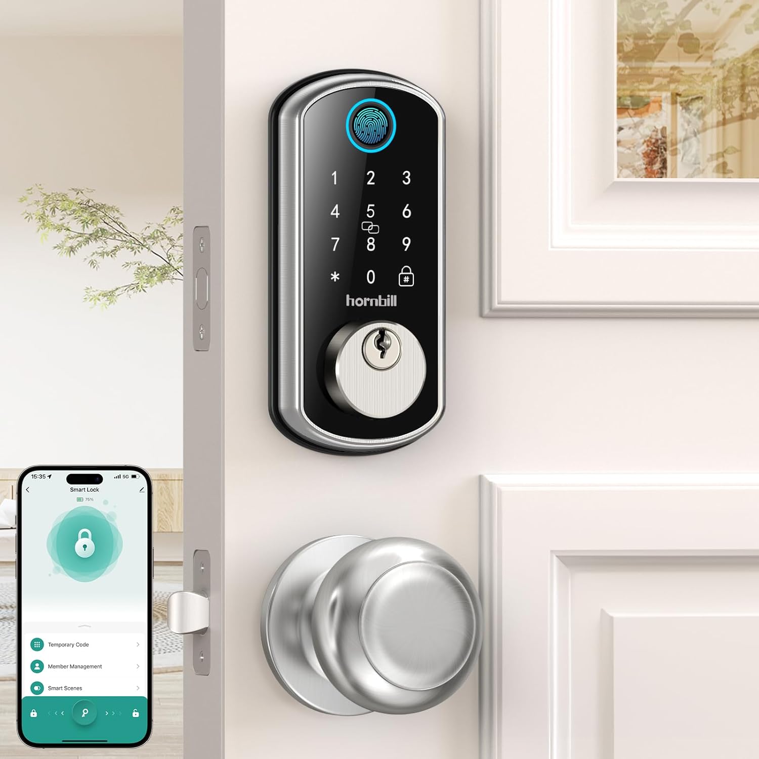WiFi Keyless Entry Door Lock with Handle : Hornbill Silver Smart Front Door Lock Set,Front Door Handle Set,Smart Door Knob, Electronic Keypad Deadbolt Lock Set with Alexa Auto Lock for Home