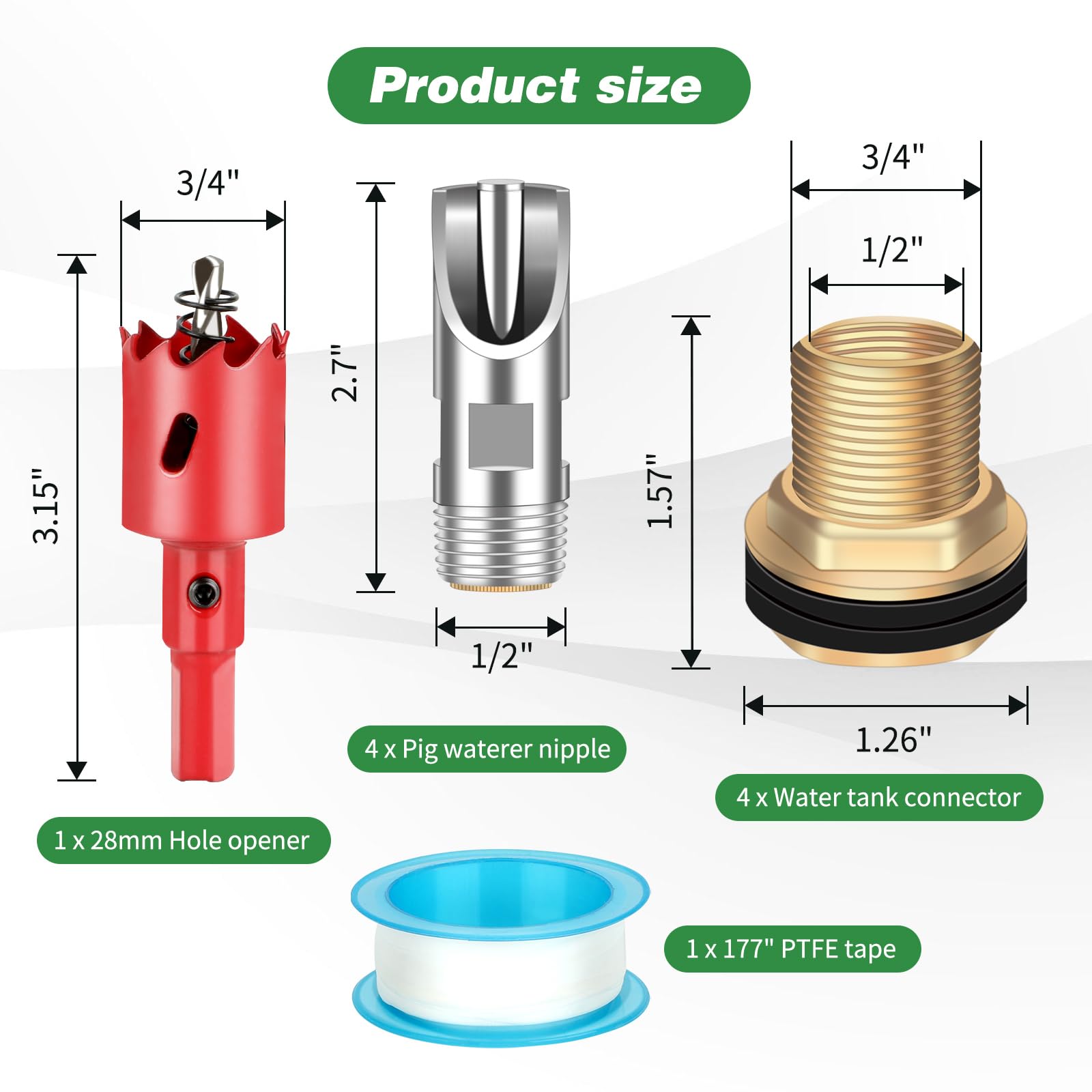Juego de 4 boquillas de agua de cerdo para barril, pezones de acero inoxidable, sistema de bebedero automático de agua de pezón de cerdo con kit de conector de tanque de agua de latón para